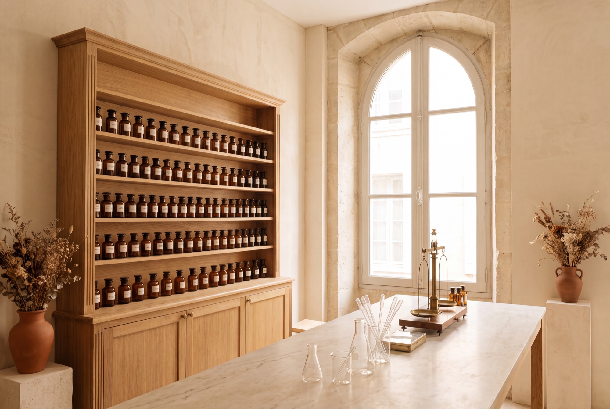 L’atelier-boutique : orgue à parfums en bois garni de flacons ambrés, murs de pierre crème, fenêtre cintrée, balance de laiton sur plan de marbre.