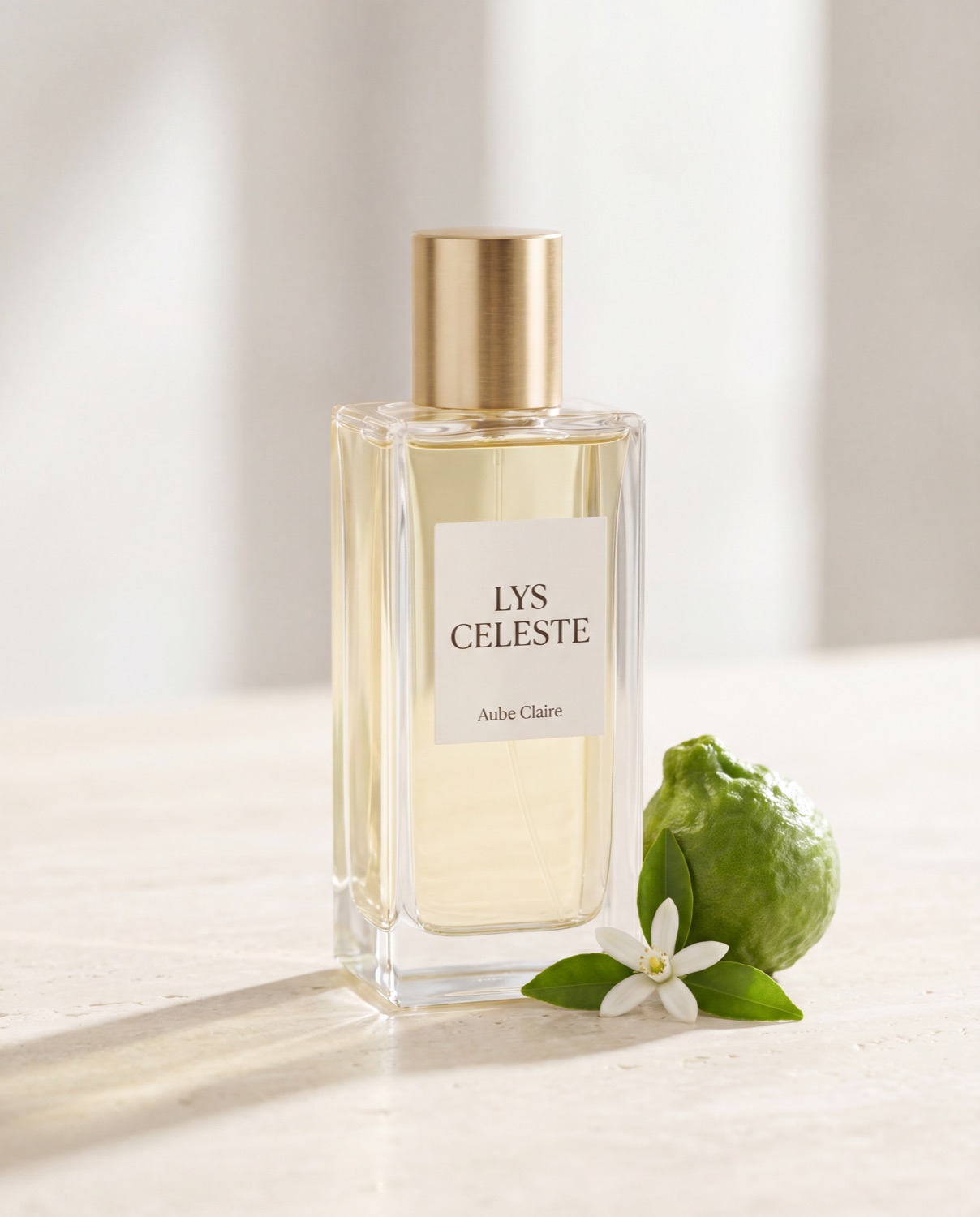 Flacon Aube Claire : cristal clair, extrait doré pâle, bergamote et fleur d’oranger, lumière du matin.