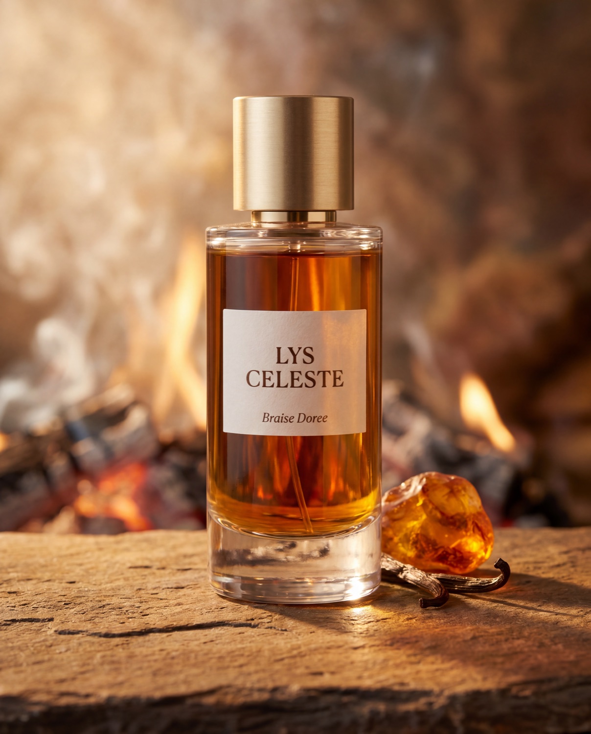 Flacon Braise Dorée : extrait ambré profond, lueur de braises, résine d’ambre et gousse de vanille.